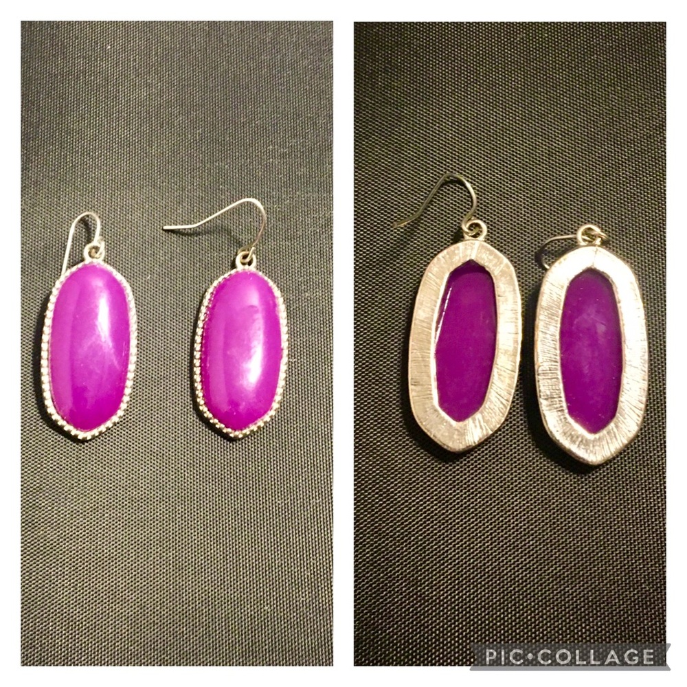 Purple stone encased in silver dangle earrings